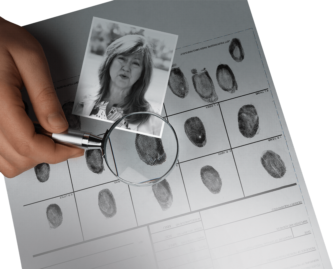 Magnifying glass looking over Lisa Cutter headshot and criminal fingerprints